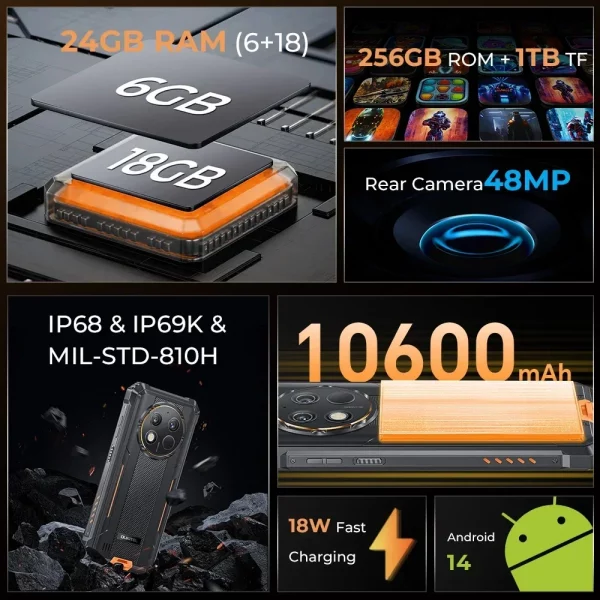 Oukitel-Smartphone robuste G1, 24 Go + 256 Go, 6.52 HD +, 10600mAh, Android14, appareil photo 48MP, téléphone portable 2