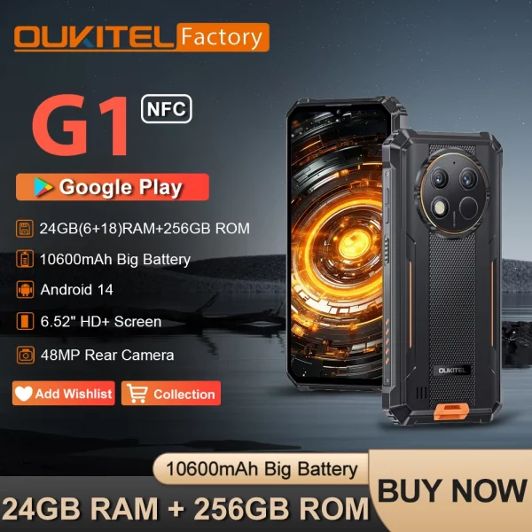 Oukitel-Smartphone robuste G1, 24 Go + 256 Go, 6.52 HD +, 10600mAh, Android14, appareil photo 48MP, téléphone portable 1