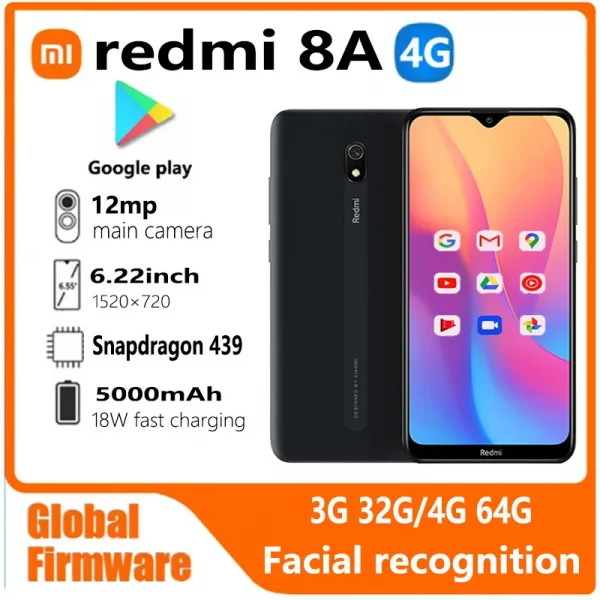 Xiaomi-Smartphone Redmi 8A, 4 Go 64 Go, micrologiciel global, 5000mAh, 6.22 pouces, Snapdragon 439, 12MP, 18W, reconnaissance qualifiée ale, téléphone d'occasion 1