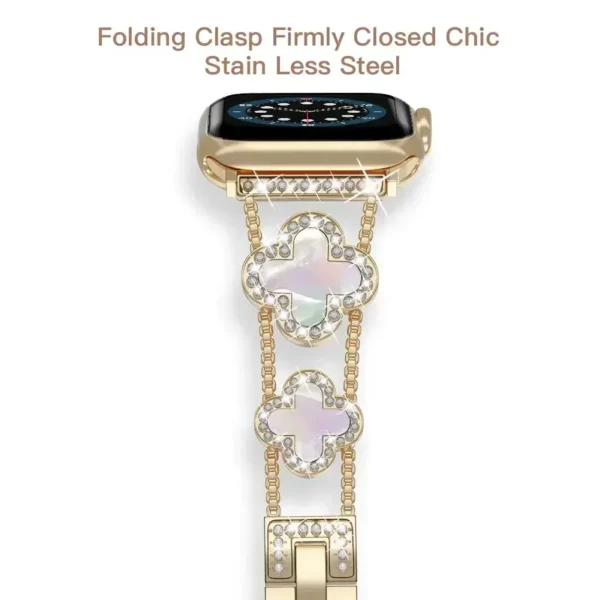 Bracelet en métal trèfle à quatre feuilles en diamant pour Apple Watch Ultra2 femmes bande 49/46/45/44/42/41/40/38 Iwatch série 10 9 8 7 6 Bracelet 2