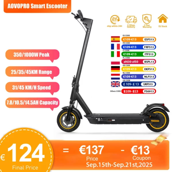 2025 mise à niveau AOVOPRO Smart APP Scooter électrique 350 W/500 W moteur puissant 36 V/42 V plage 25-45 KM adultes EScooter avec double frein 1