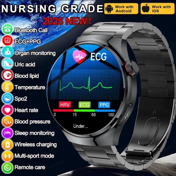 Montre connectée de qualité infirmière, oxygène dans le sang, lipide dans le sang, acide urique, ECG + PPG, température corporelle, appel Bluetooth, santé, nouvelle collection 2025 1