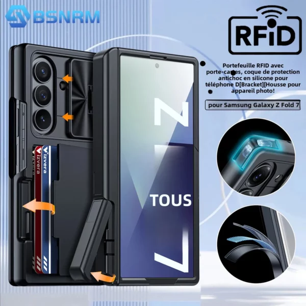 Pour Samsung Galaxy Z Fold 7 étui portefeuille, porte-cartes RFID, support caché, couverture d'appareil photo, coque de téléphone en Silicone antichoc-noir 1