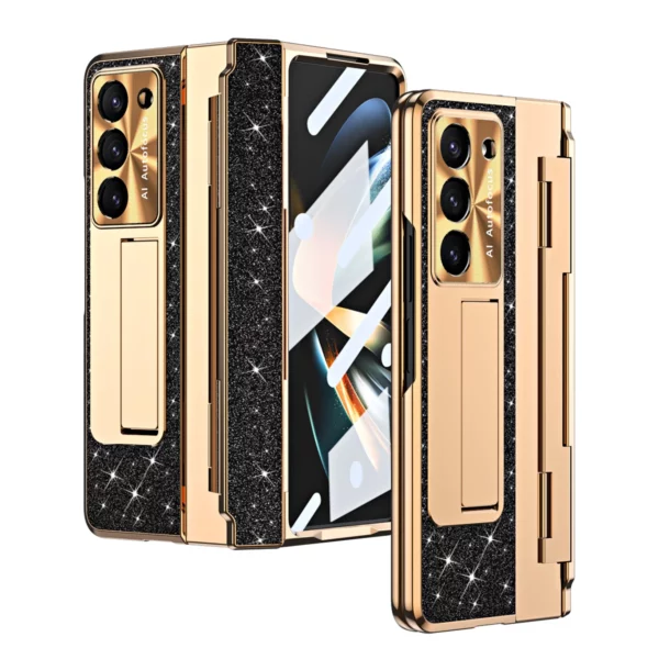 Pour Samsung Galaxy Z Fold 7 6 5 Z 4 Z Fold 3 5G étui avec protecteur d'écran luxe glaçage une pièce placage support couverture or 1